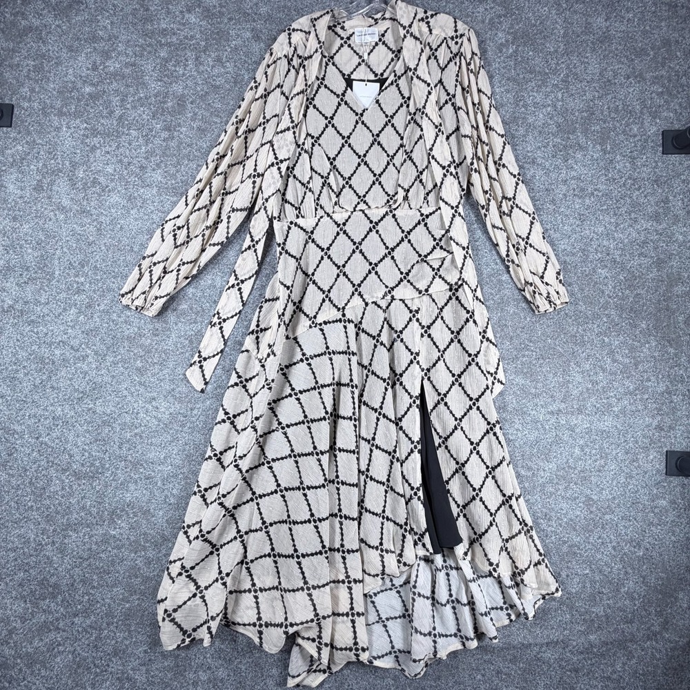 NWT Lavender Brown Bethany Dress Womens L Ivory Black Dimond Print Metallic